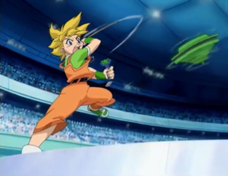 Max reverse launching his Draciel in Beyblade season 1