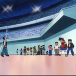 Kai exiting the area of the Seaside Dome stadium while Tyson tries to argue with him in Beyblade season 1