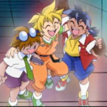 Kenny, Max and Tyson celebrating in Beyblade season 1