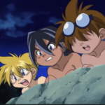 Max, Tyson and Kenny in a hot spring in Beyblade season 1