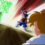 Kenny watching Tyson's battle against Ray in Beyblade season 1. The bit beast Driger is visible from the bey stadium