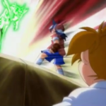 Kenny watching Tyson's battle against Ray in Beyblade season 1. The bit beast Driger is visible from the bey stadium