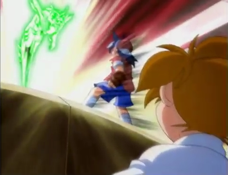 Kenny watching Tyson's battle against Ray in Beyblade season 1. The bit beast Driger is visible from the bey stadium