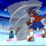 Tyson using his hurricane attack during his battle against Kai in Beyblade season 1