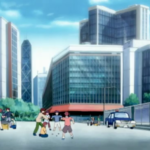 Hong Kong locals battling with beyblades in the street with the Bank of China tower visible in the background in Beyblade season 1