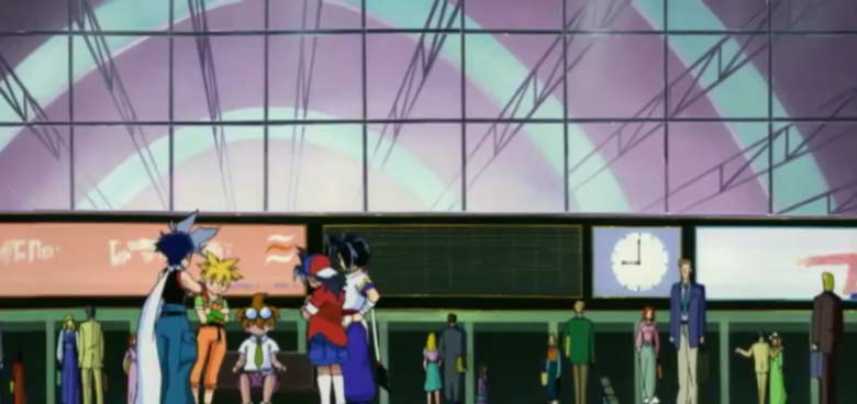 Kai, Max, Kenny, Tyson and Ray waiting for their train from London Waterloo International train station in Beyblade season 1, episode 32: Darkness at the End of the Tunnel