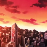 The Hong Kong skyline featuring the Bank of China Tower in Beyblade season 1