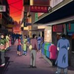 A Hong Kong market with clothes and food vendors in Beyblade season 1