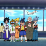 Ray, Kenny, Max, Tyson, Mr. Dickenson and Kai standing in the terminal of Hong Kong International Airport getting ready to depart to China in Beyblade season 1