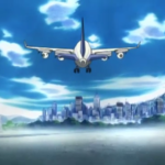 A Boeing 747 plane taking off from Hong Kong International Airport in Beyblade season 1