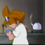 Kenny making a cup of tea or coffee in Beyblade season 1