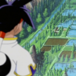 Ray looking over the edge of a cliff in the Mountains of China and seeing trees, a river and some rice paddies in Beyblade season 1