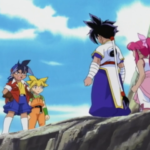 Tyson next to Max, and arguing with Ray and Mariah on top of a Chinese mountain in Beyblade season 1